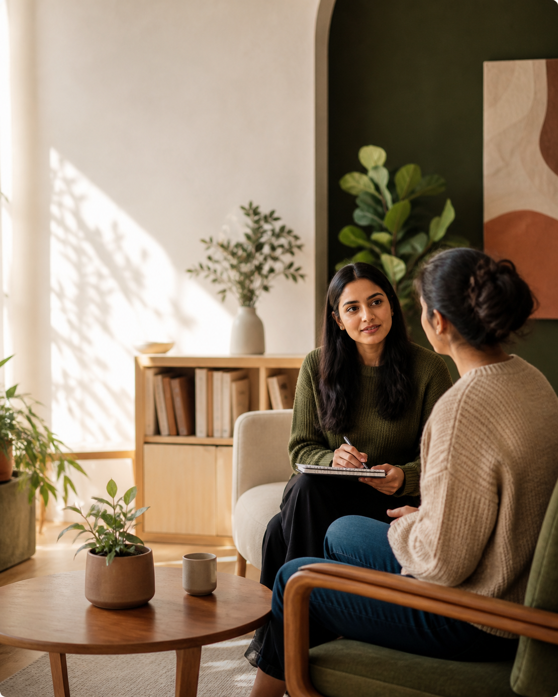 Two students in a thoughtful psychology practice conversation