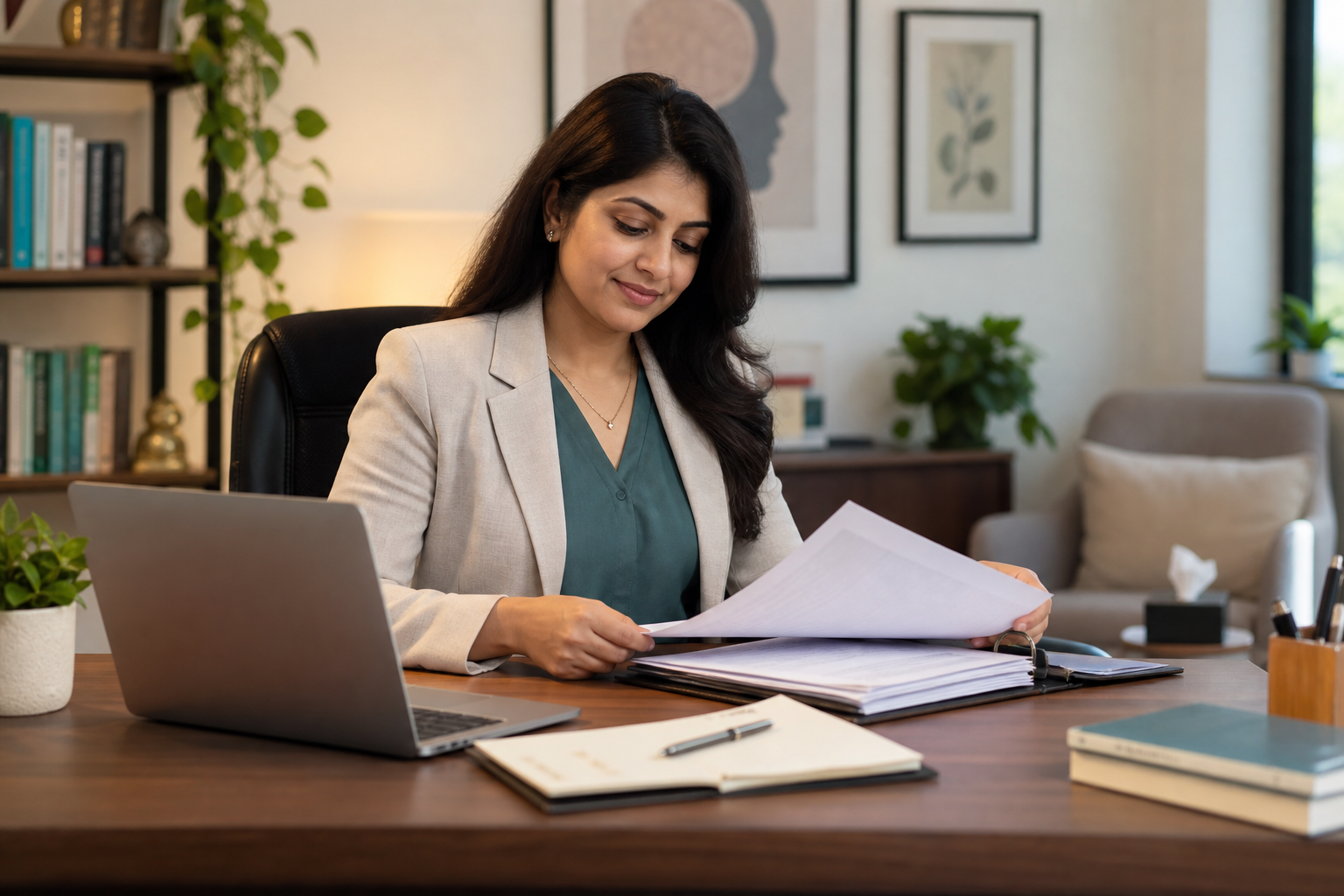 Indian mental-health professional reviewing documents