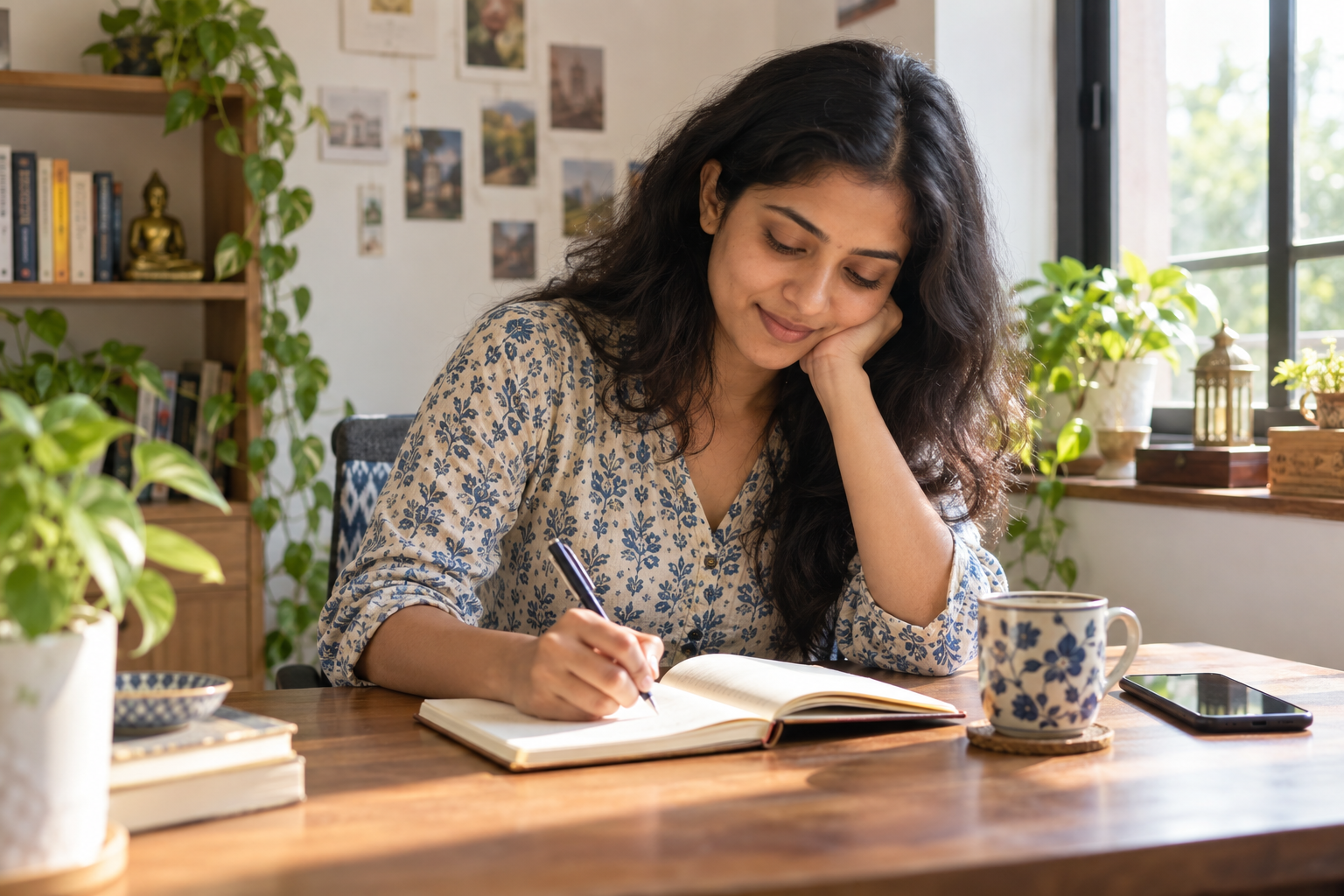 Indian woman reflecting in a journal at home