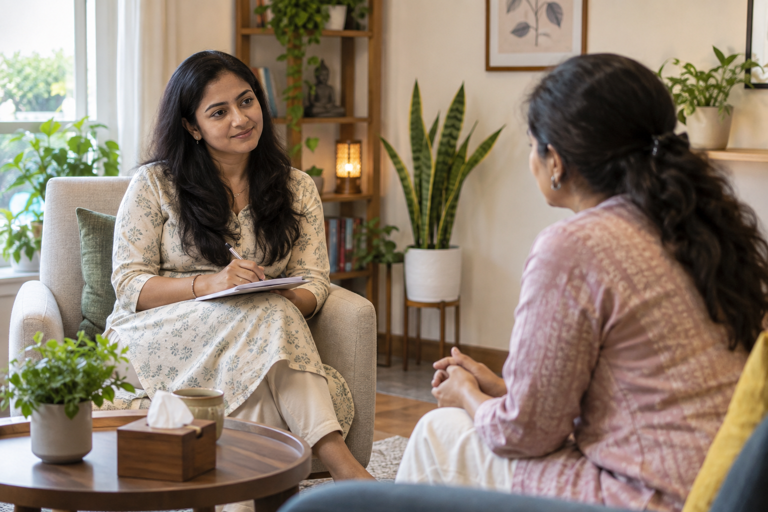 Indian counsellor listening to a client in a calm therapy room